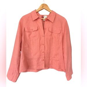 JM Collection Women’s Lightweight Linen Button Front Cropped Jacket Coral Sz 14